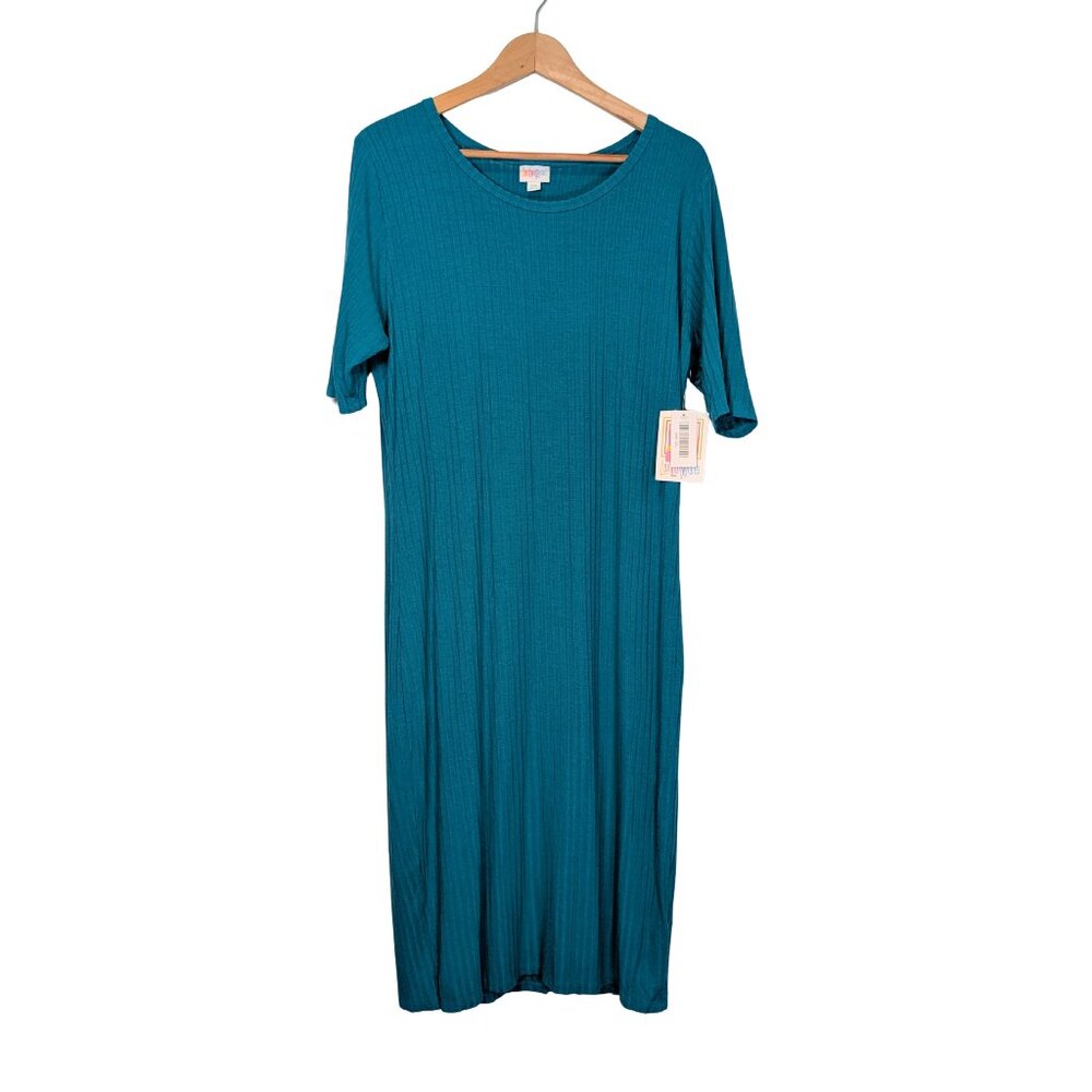 LuLaRoe Womens 2XL Julia Dress Midi Blue Ribbed Knit Bodycon Short Sleeve NWT